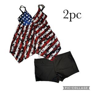 Plus size two piece swim suit. USA flag tankini top black solid boy shorts sz 18